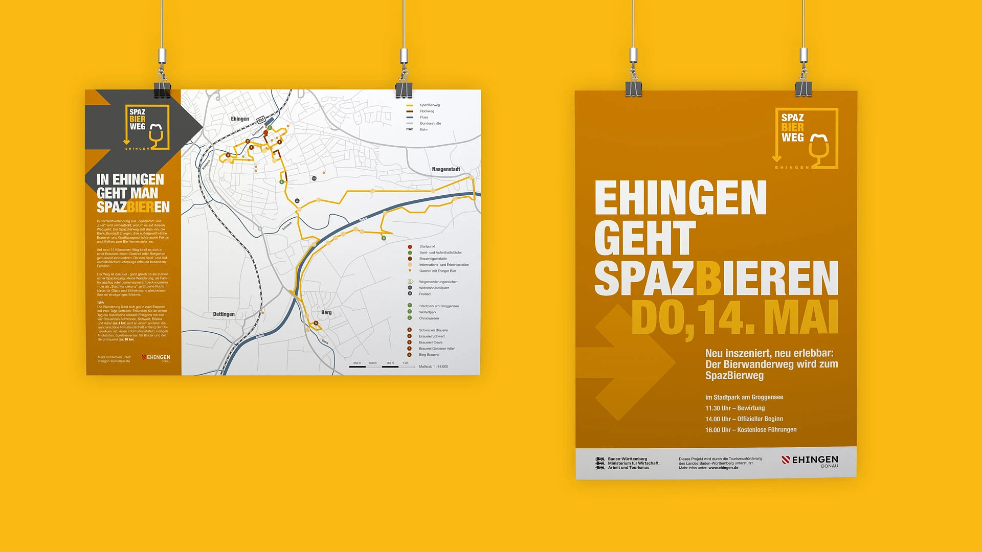 zwei hängende plakate: die wegekarte und die ankündigung »ehingen geht spazbieren«